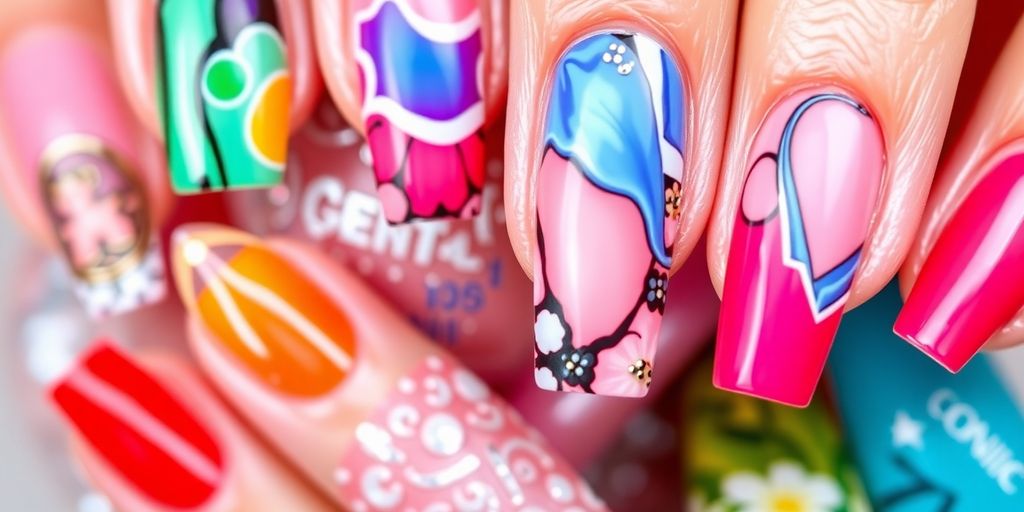 Unhas em gel coloridas e decoradas.