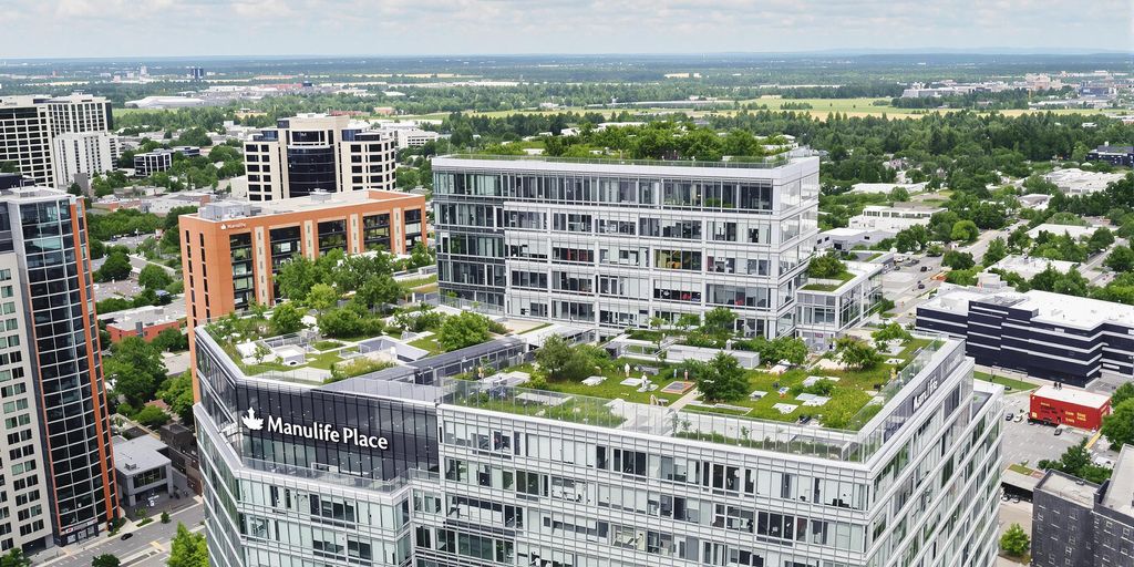 Manulife Place building with green spaces and modern design.