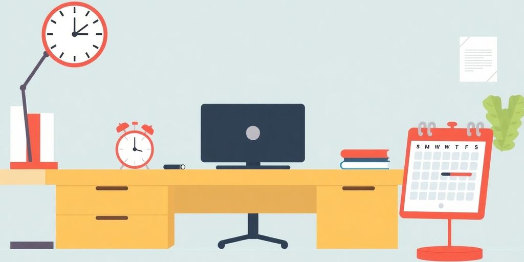 Illustrasjon av arbeidsmiljø med klokke og kalender.
