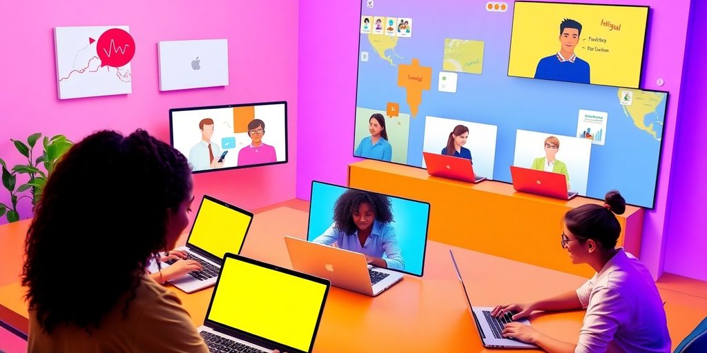 Students participating in online classes using laptops together.