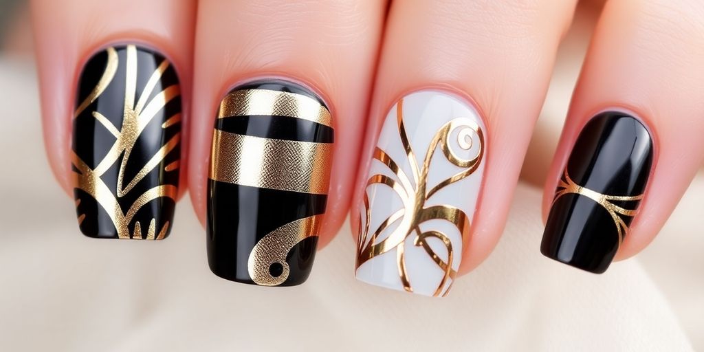 Unhas decoradas com fita metálica brilhante e sofisticada.