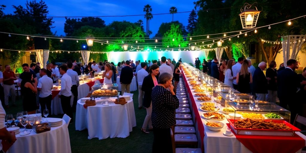 บรรยากาศงานเลี้ยงสวยงามเต็มไปด้วยอาหารและผู้คน