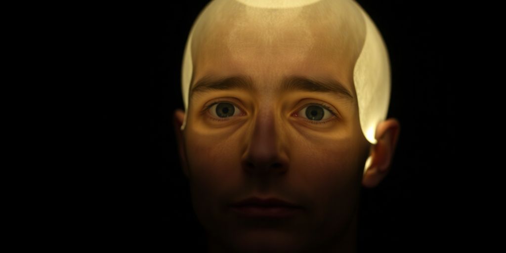 A person with a glowing head stands in a dark room.