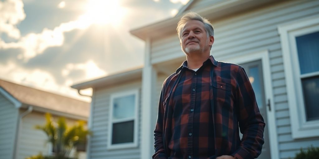 Homeowner looking relieved near a house.