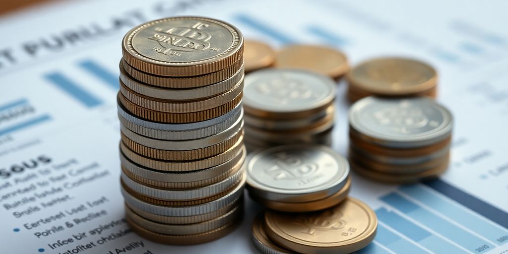 Monnaie empilée sur un rapport financier.
