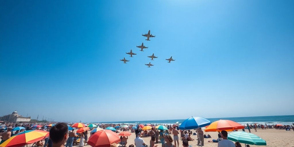 Avions au-dessus de la plage, foule, ciel bleu.