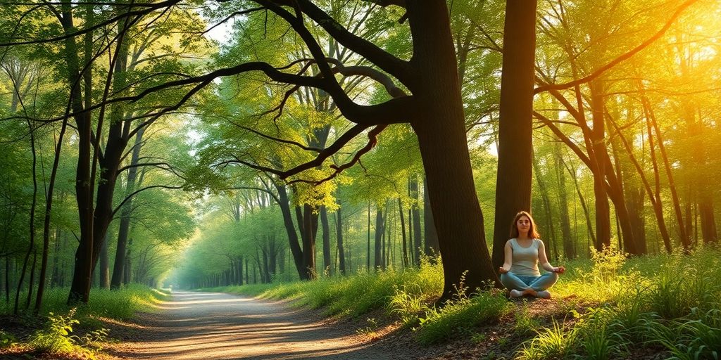 A person meditating in a peaceful forest setting.
