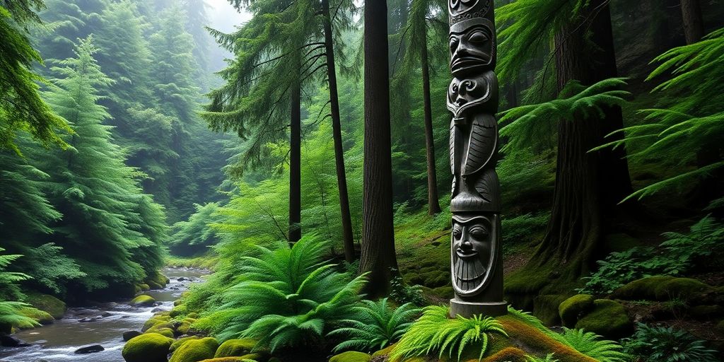 A tall, carved totem pole in the lush Alaska rainforest.