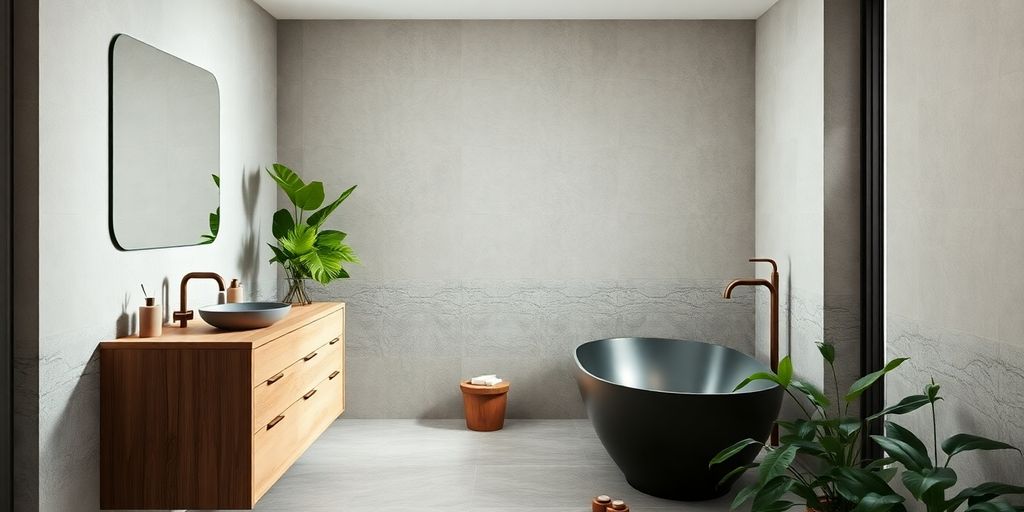 Serene Japandi bathroom with natural wood and stone.