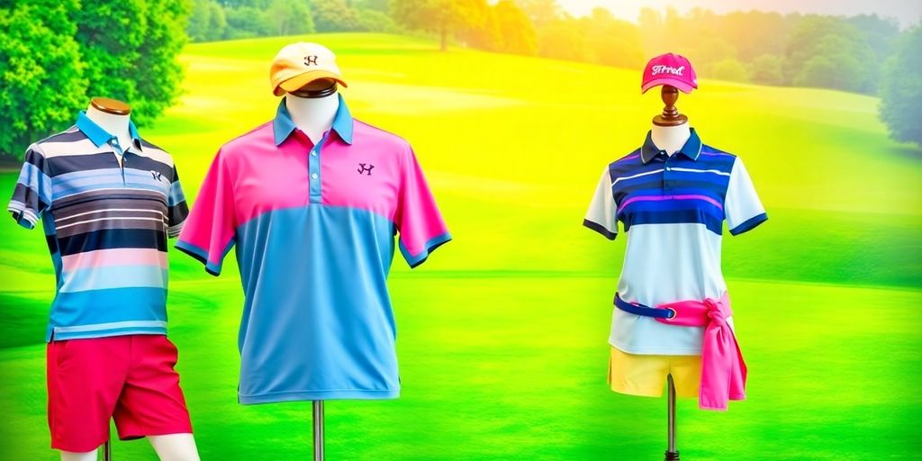 Colorful golf apparel on mannequin at a golf course.