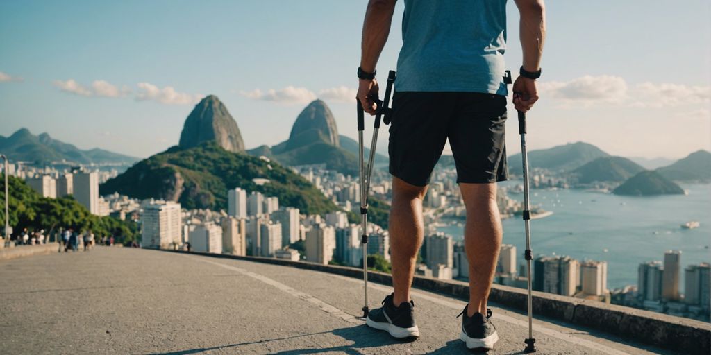 Person using crutches with Rio de Janeiro landmarks in the background, illustrating the ease of renting crutches in the city.