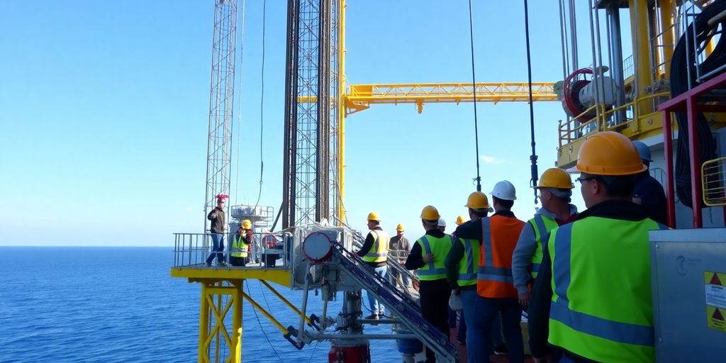 Oil rig crew working on drilling platform.