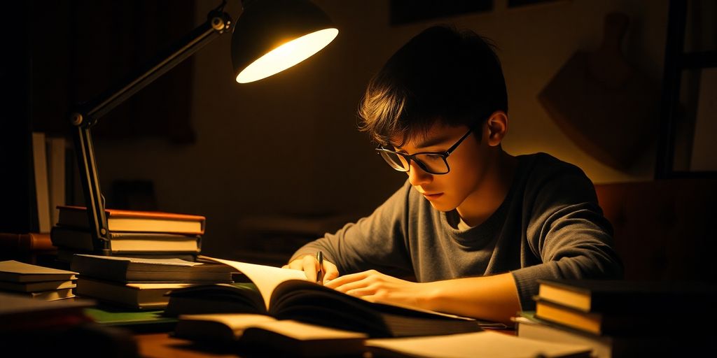 Student studying late at night with warm desk lighting.