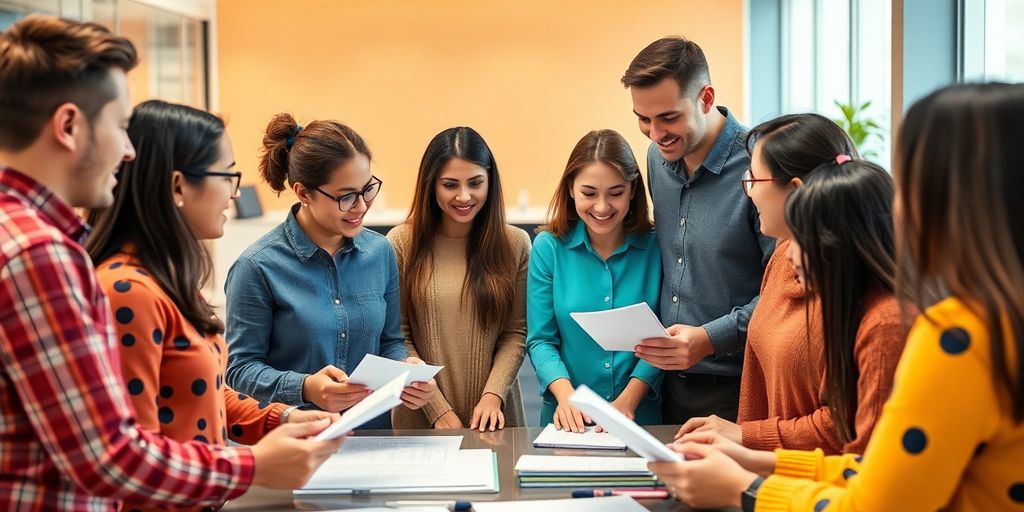 Group of diverse people collaborating in a modern office.