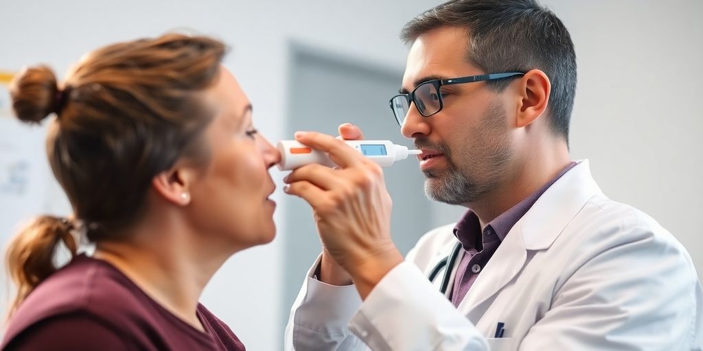 Doctor performing H. pylori breath test on patient.