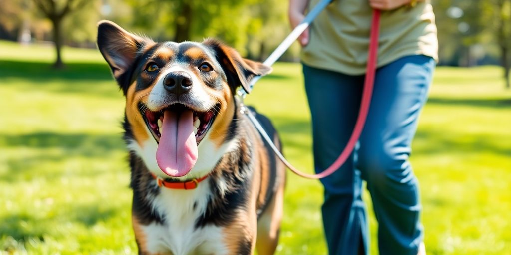 Happy dog on a leash with a walker in a park.