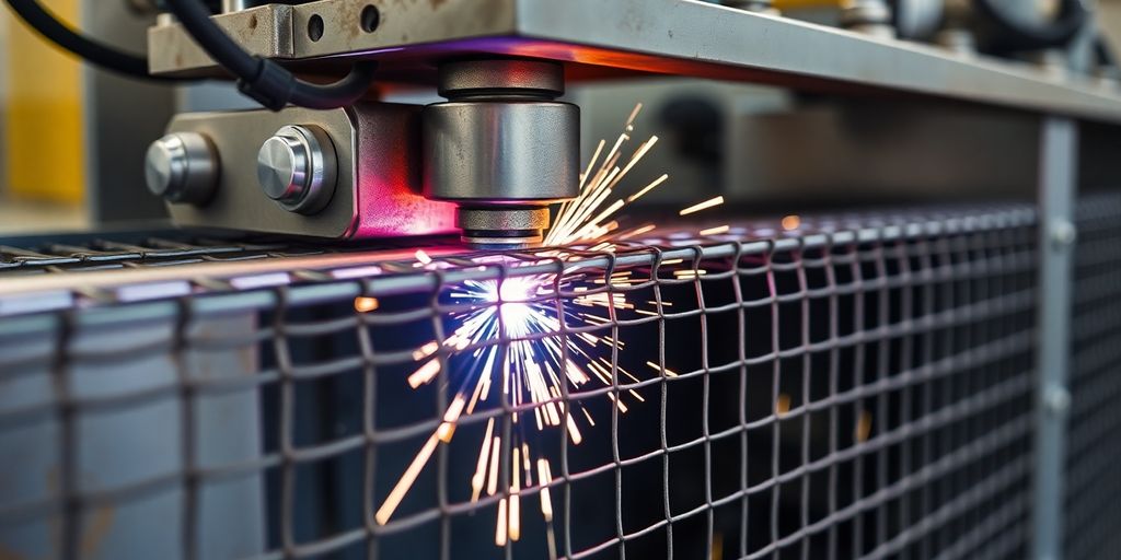 Close-up of a fence mesh welding machine in action.