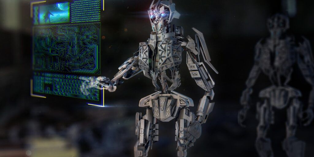 software developers collaborating with AI in a modern tech office