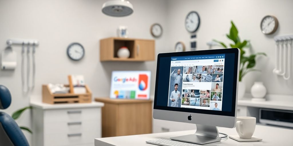 Consultório médico moderno com computador e Google Ads.