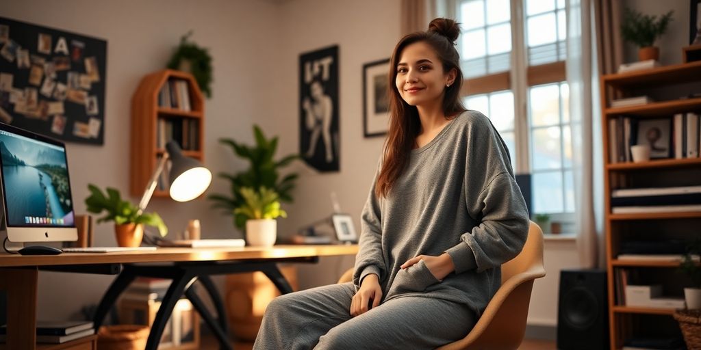 Stylish person working comfortably at home in chic loungewear.