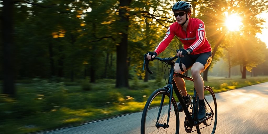 Cyclist in red jersey, helmet rides road bike at sunrise.