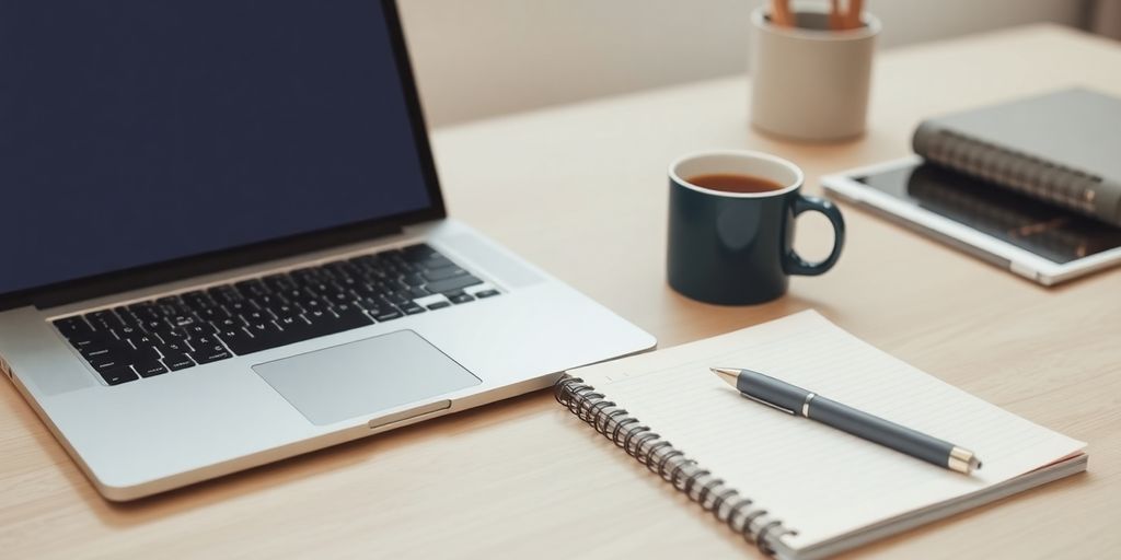 Modern workspace with laptop, notepad, and coffee cup.