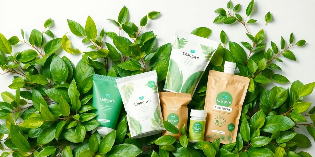 Croydon packaging with green leaves and natural textures.