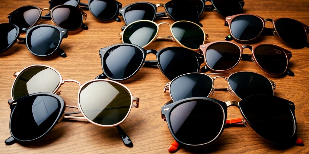 Various vintage sunglasses on a wooden background.