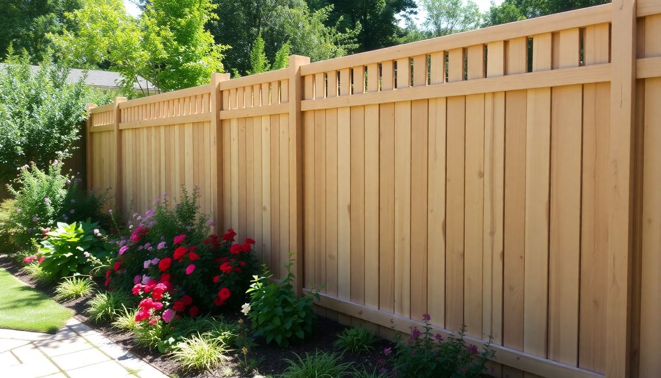 Wooden fence in a vibrant garden setting.