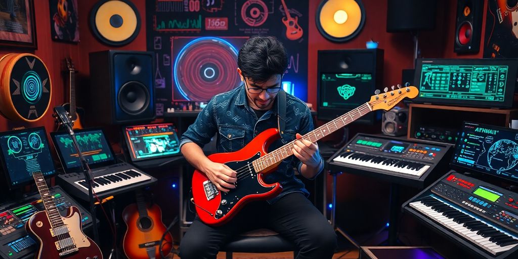 Musician with digital instruments and AI technology in studio.