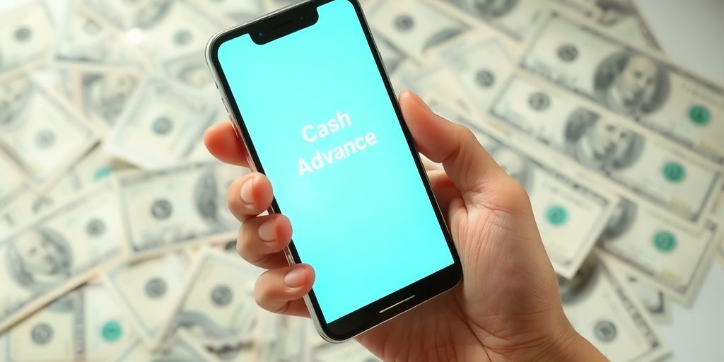 Smartphone displaying cash advance app, money in background.