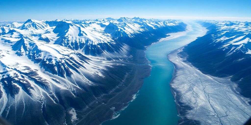 A helicopter flying over vast Alaskan glaciers and mountains.