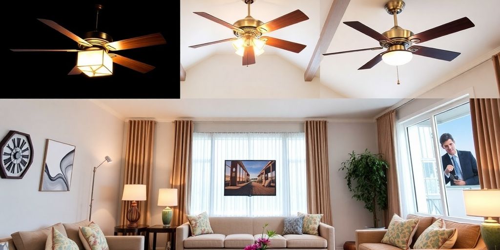 Stylish ceiling fans in a decorated living room.