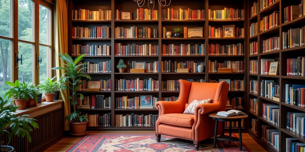 Gemütliche Leseecke mit Bücherregalen und Sessel.