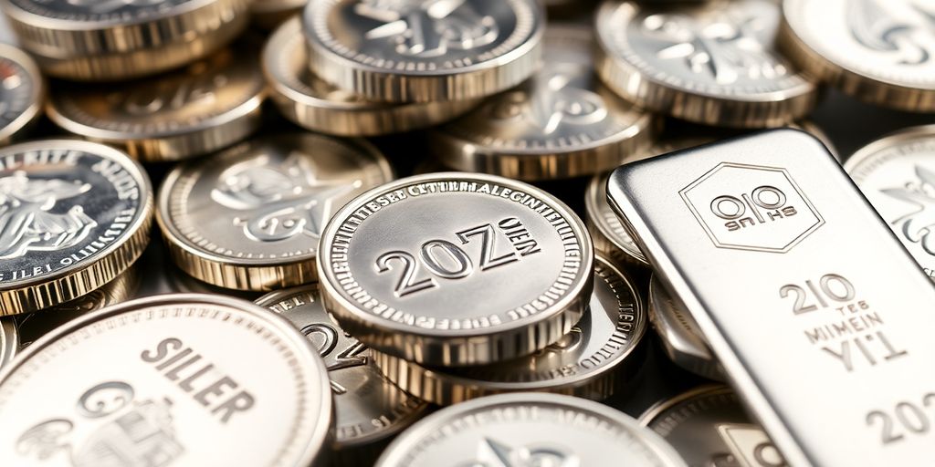 Pièces et lingots d'argent brillants sur une surface élégante.