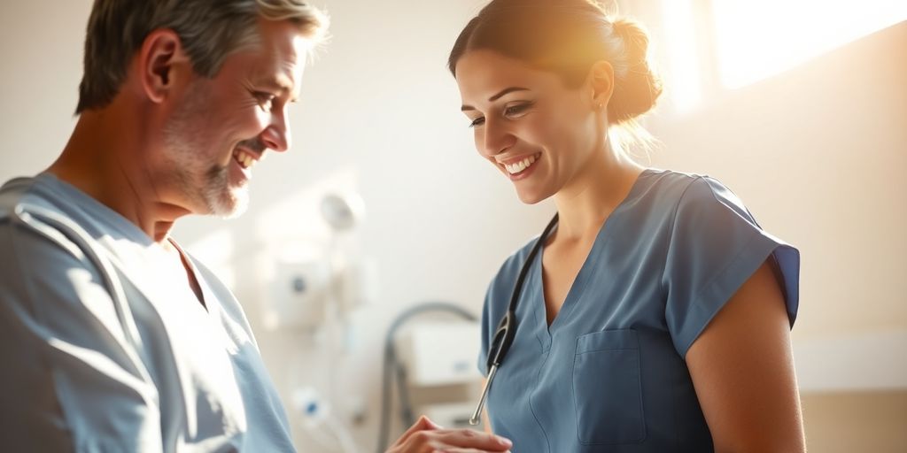 Nurse tending to patient in a bright hospital room.