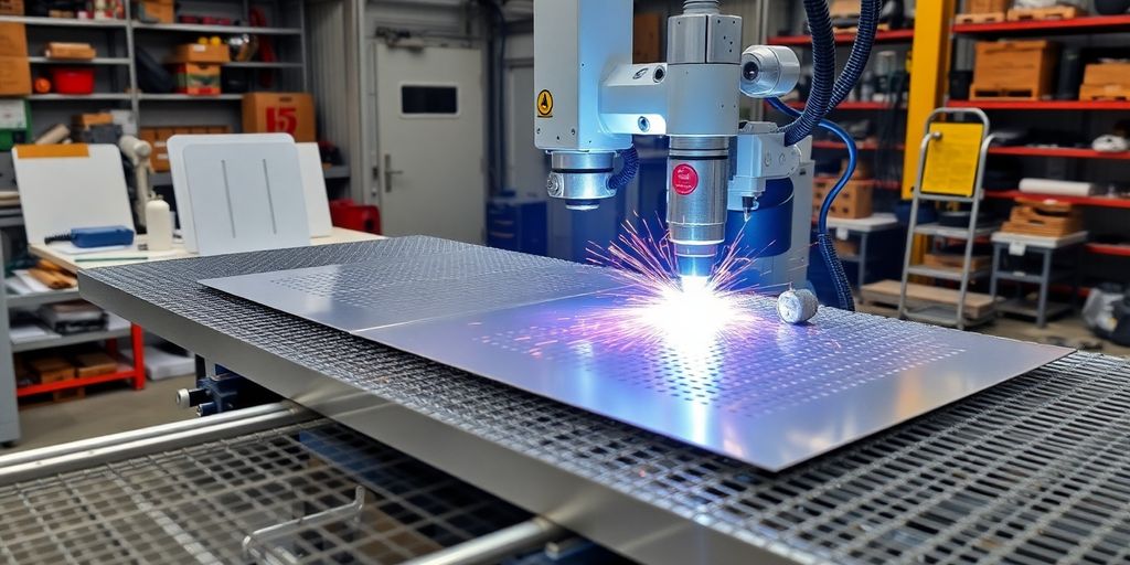 Automated mesh welding machine operating in an industrial setting.