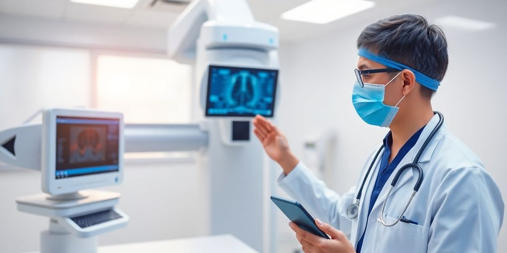 Healthcare professional using advanced diagnostic tools in clinic.