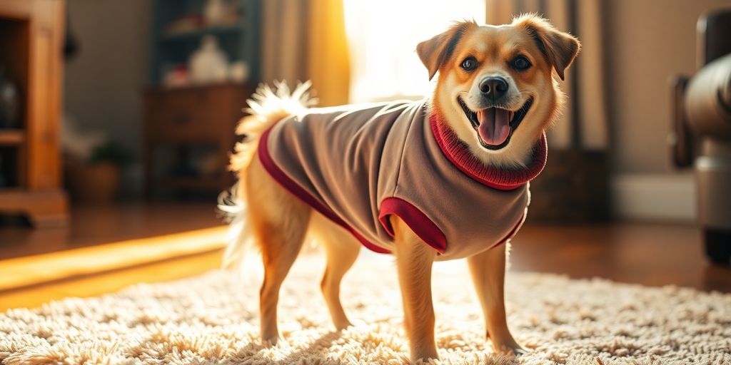 Dog in cozy, safe garment.