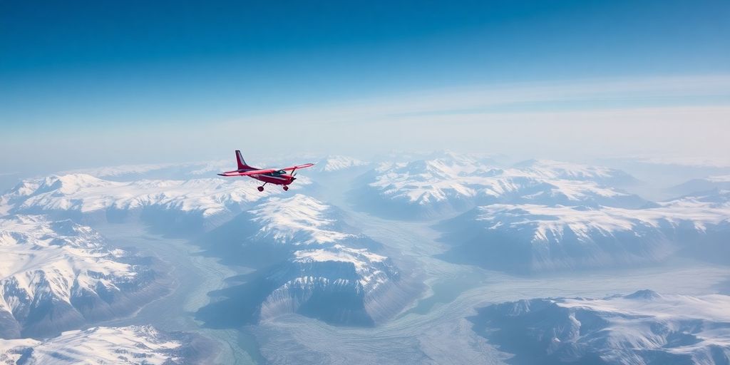 A small airplane flies over vast Alaskan glaciers and mountains.