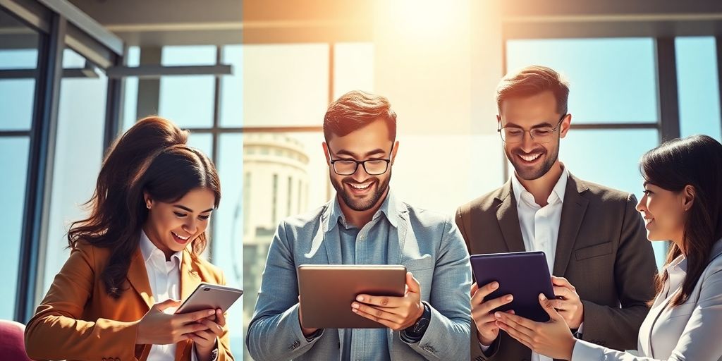 Business professionals collaborating on devices from different locations.