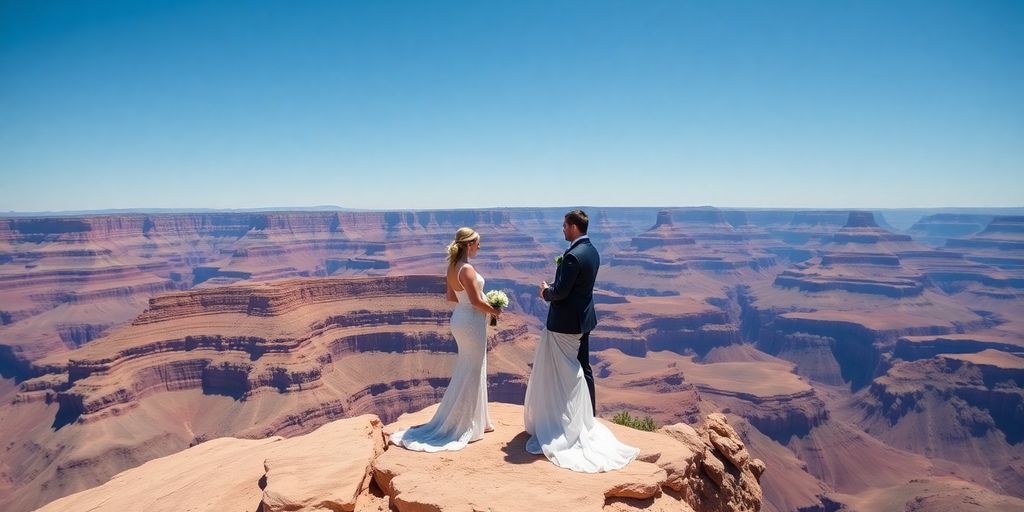 A couple getting married on an overlook at the Grand Canyon.
