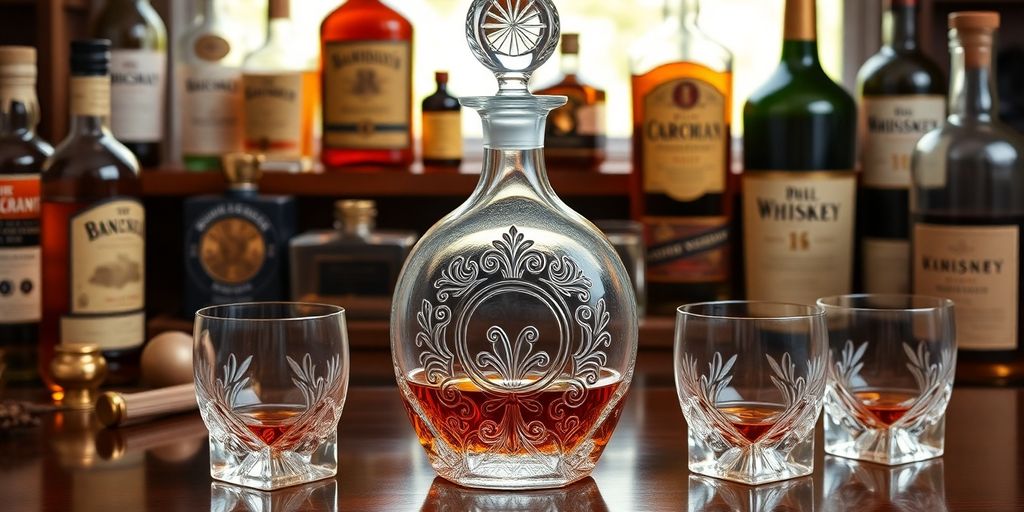 Whiskey decanter set with glasses on a wooden table.