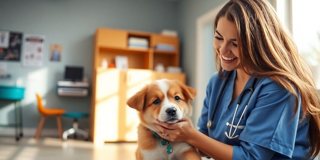 Vet and puppy building a caring relationship in clinic.