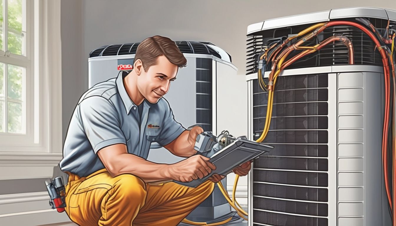 technician servicing HVAC system in a residential home