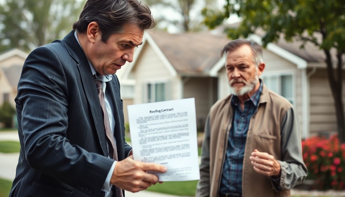 Unkempt salesman pressuring homeowner with a roofing contract.