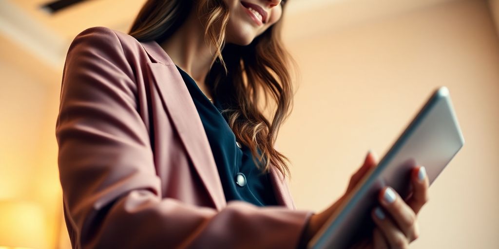 Woman in stylish outfit, online shopping on a tablet.