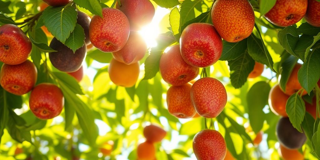 Frutas suculentas em galhos de árvore, iluminadas pelo sol.