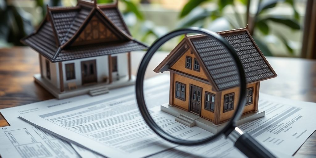 Thai house with legal documents and magnifying glass.