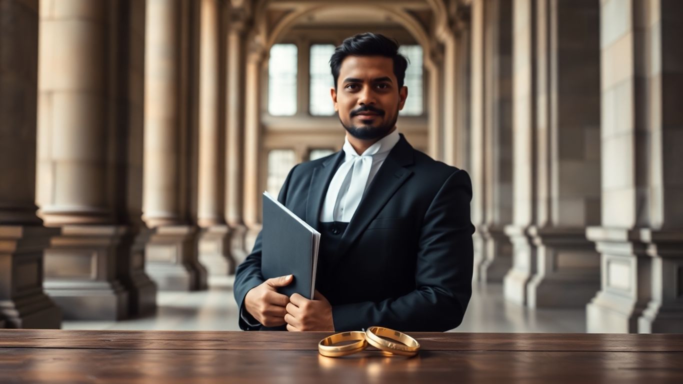 Lawyer in court corridor holding file, wedding rings on table.